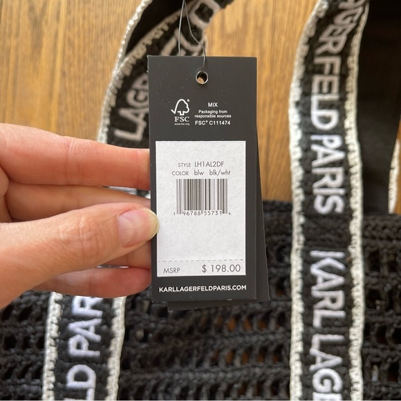 Karl Lagerfeld Antibes Straw Tote Beach Bag Logo Strap Black NWT - Picture 7 of 7